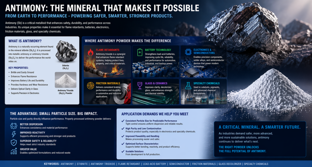 Infographic about antimony mineral: properties, uses, and applications in batteries, electronics, flame retardants, and ceramics.