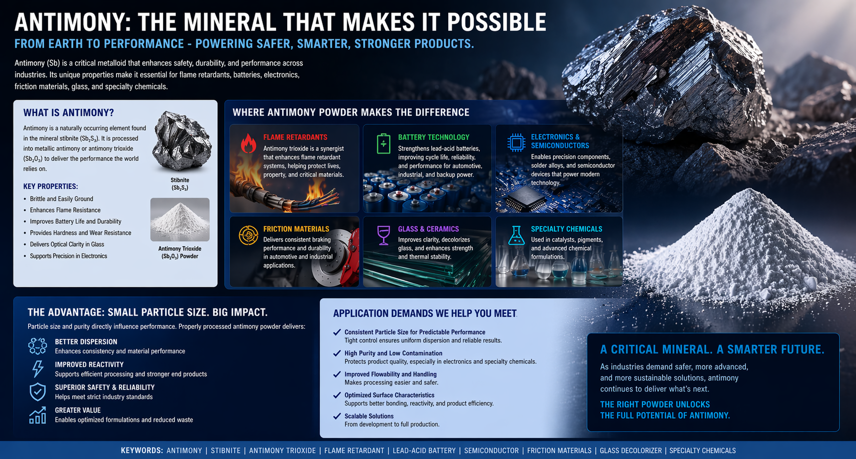 Infographic about antimony mineral: properties, uses, and applications in batteries, electronics, flame retardants, and ceramics.