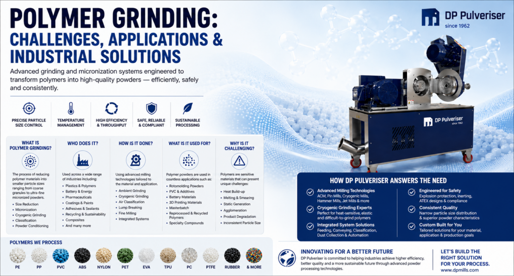 Banner for DP Pulveriser about polymer grinding: large title, left text, blue grinding machine on the right with logo and molecular background.