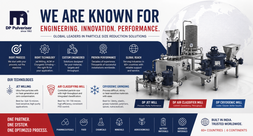 DP Pulveriser banner featuring the slogan 'We are known for engineering, innovation, performance' with milling equipment on the right and a world globe in the background.