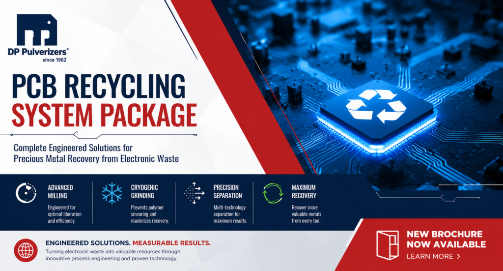 DP Pulverizers PCB Recycling System Package banner with circuit-board imagery and recycling symbol on a blue-toned background.