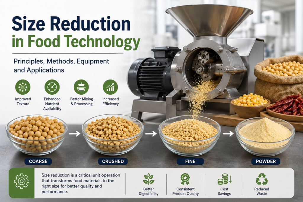 Size reduction in Food Technology - DP Pulverizer Americas Inc Infographic showing size reduction in food technology from coarse to powder, with a milling machine and bowls of ingredients on a counter.
