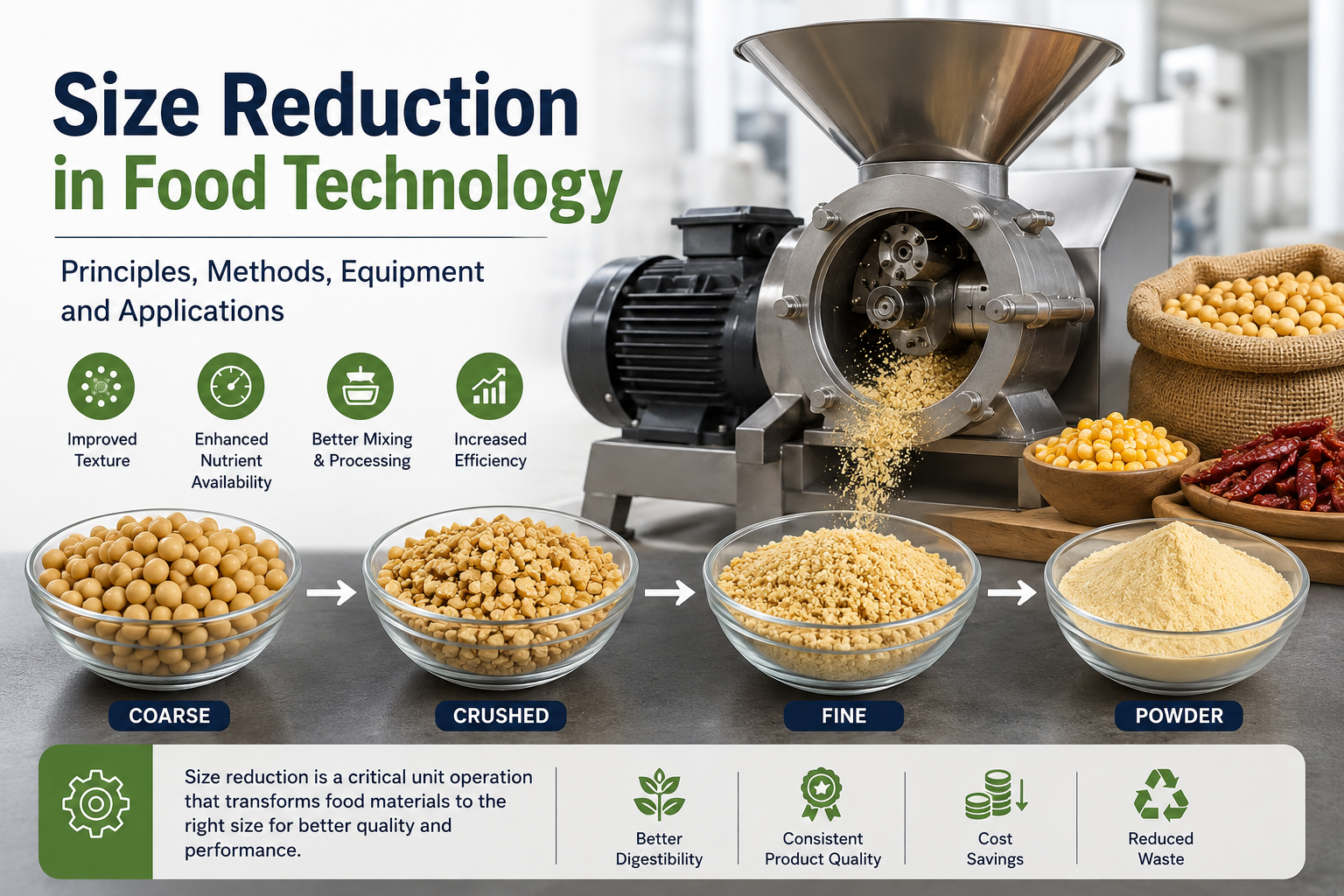 Infographic showing size reduction in food technology from coarse to powder, with a milling machine and bowls of ingredients on a counter.