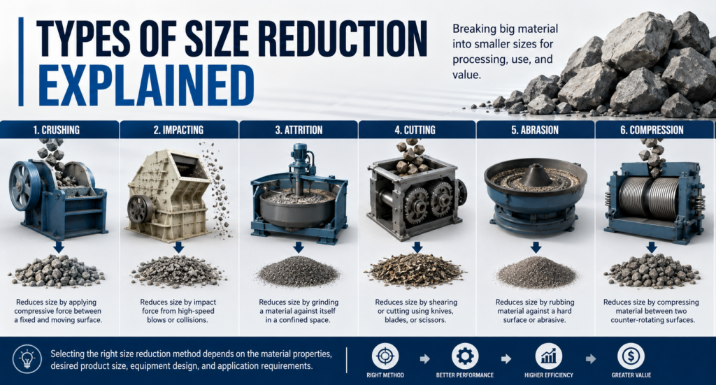 Infographic showing six size-reduction methods from crushing to compression with corresponding equipment and resulting material piles.",