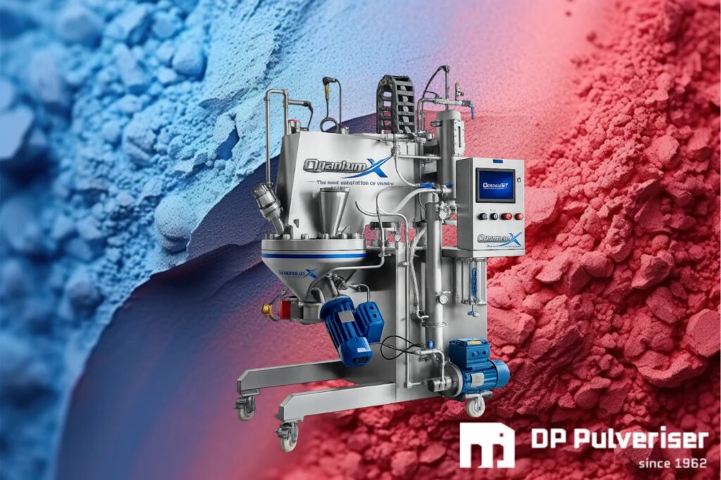 Industrial powder processing machine on a wheeled stand, set against a blue and red powder backdrop.