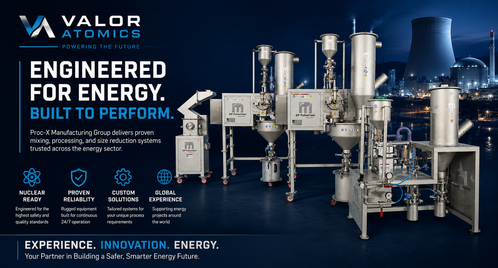 Valor Atomics hero banner showing industrial energy equipment against a dark blue cityscape, with the slogan “Engineered for energy. Built to perform.”
